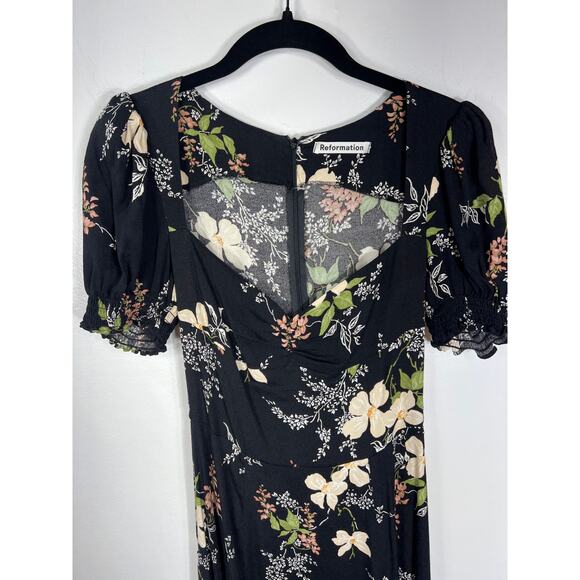 Reformation Luciana Black Floral Midi Dress Side Slit Puff Sleeve Flowy Romantic - Picture 3 of 9